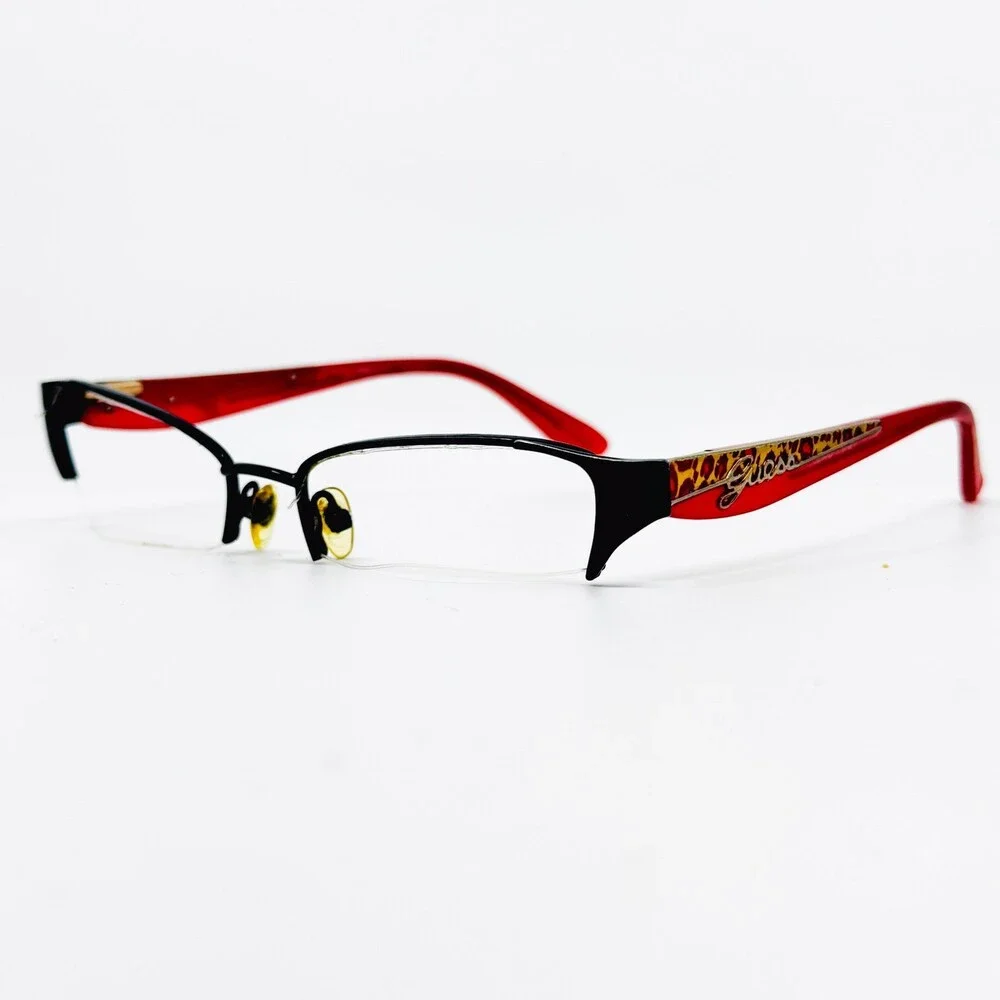 Guess Eyeglass Frames Womens Black Red Animal Print Semi Rimless 52-17-135 41951